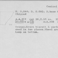 Index card with typed and handwritten information, sometimes including a sketch, of pottery from an excavation.