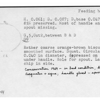 Index card with typed and handwritten information, sometimes including a sketch, of pottery from an excavation.