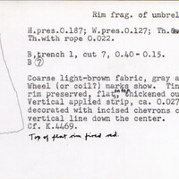 Index card with typed and handwritten information, sometimes including a sketch, of pottery from an excavation.