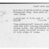 Index card with typed and handwritten information, sometimes including a sketch, of pottery from an excavation.