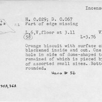 Index card with typed and handwritten information, sometimes including a sketch, of pottery from an excavation.