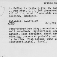 Index card with typed and handwritten information, sometimes including a sketch, of pottery from an excavation.