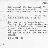 Index card with typed and handwritten information, sometimes including a sketch, of pottery from an excavation.