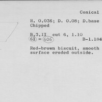 Index card with typed and handwritten information, sometimes including a sketch, of pottery from an excavation.