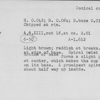 Index card with typed and handwritten information, sometimes including a sketch, of pottery from an excavation.