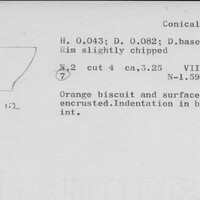 Index card with typed and handwritten information, sometimes including a sketch, of pottery from an excavation.