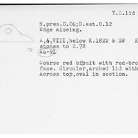 Index card with typed and handwritten information, sometimes including a sketch, of pottery from an excavation.