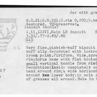 Index card with typed and handwritten information, sometimes including a sketch, of pottery from an excavation.