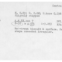 Index card with typed and handwritten information, sometimes including a sketch, of pottery from an excavation.