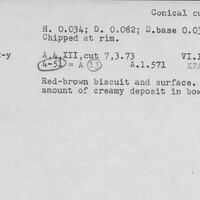 Index card with typed and handwritten information, sometimes including a sketch, of pottery from an excavation.