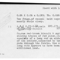 Index card with typed and handwritten information, sometimes including a sketch, of pottery from an excavation.