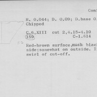 Index card with typed and handwritten information, sometimes including a sketch, of pottery from an excavation.