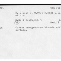 Index card with typed and handwritten information, sometimes including a sketch, of pottery from an excavation.