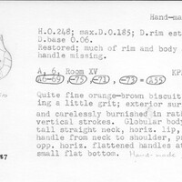 Index card with typed and handwritten information, sometimes including a sketch, of pottery from an excavation.