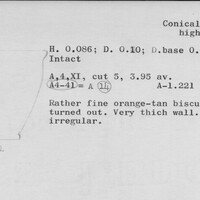 Index card with typed and handwritten information, sometimes including a sketch, of pottery from an excavation.