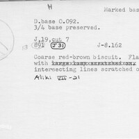 Index card with typed and handwritten information, sometimes including a sketch, of pottery from an excavation.