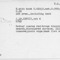 Index card with typed and handwritten information, sometimes including a sketch, of pottery from an excavation.