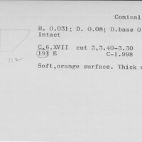 Index card with typed and handwritten information, sometimes including a sketch, of pottery from an excavation.