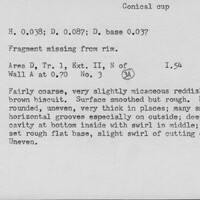 Index card with typed and handwritten information, sometimes including a sketch, of pottery from an excavation.