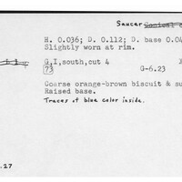 Index card with typed and handwritten information, sometimes including a sketch, of pottery from an excavation.