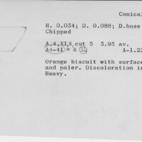 Index card with typed and handwritten information, sometimes including a sketch, of pottery from an excavation.