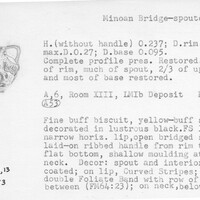 Index card with typed and handwritten information, sometimes including a sketch, of pottery from an excavation.