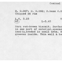 Index card with typed and handwritten information, sometimes including a sketch, of pottery from an excavation.