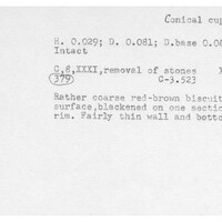 Index card with typed and handwritten information, sometimes including a sketch, of pottery from an excavation.