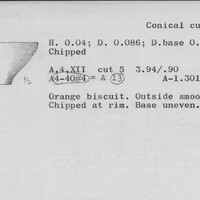 Index card with typed and handwritten information, sometimes including a sketch, of pottery from an excavation.
