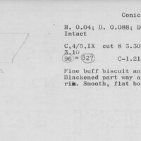 Index card with typed and handwritten information, sometimes including a sketch, of pottery from an excavation.