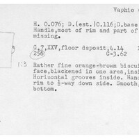 Index card with typed and handwritten information, sometimes including a sketch, of pottery from an excavation.