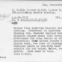 Index card with typed and handwritten information, sometimes including a sketch, of pottery from an excavation.