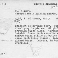 Index card with typed and handwritten information, sometimes including a sketch, of pottery from an excavation.