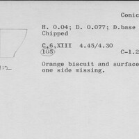 Index card with typed and handwritten information, sometimes including a sketch, of pottery from an excavation.