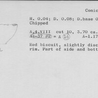 Index card with typed and handwritten information, sometimes including a sketch, of pottery from an excavation.