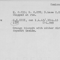 Index card with typed and handwritten information, sometimes including a sketch, of pottery from an excavation.
