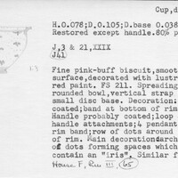 Index card with typed and handwritten information, sometimes including a sketch, of pottery from an excavation.