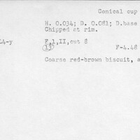Index card with typed and handwritten information, sometimes including a sketch, of pottery from an excavation.