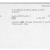 Index card with typed and handwritten information, sometimes including a sketch, of pottery from an excavation.