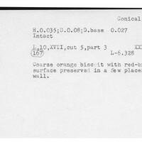 Index card with typed and handwritten information, sometimes including a sketch, of pottery from an excavation.