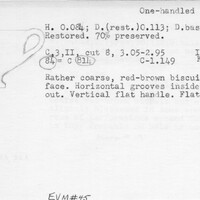 Index card with typed and handwritten information, sometimes including a sketch, of pottery from an excavation.