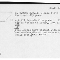 Index card with typed and handwritten information, sometimes including a sketch, of pottery from an excavation.