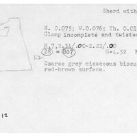 Index card with typed and handwritten information, sometimes including a sketch, of pottery from an excavation.