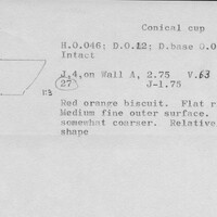 Index card with typed and handwritten information, sometimes including a sketch, of pottery from an excavation.
