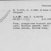 Index card with typed and handwritten information, sometimes including a sketch, of pottery from an excavation.