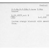 Index card with typed and handwritten information, sometimes including a sketch, of pottery from an excavation.