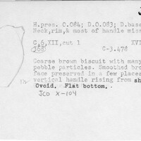 Index card with typed and handwritten information, sometimes including a sketch, of pottery from an excavation.