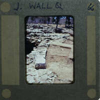Old photograph of a rock-lined path with trees and sky, encased in a vintage film strip holder.