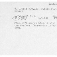 Index card with typed and handwritten information, sometimes including a sketch, of pottery from an excavation.
