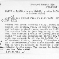Index card with typed and handwritten information, sometimes including a sketch, of pottery from an excavation.